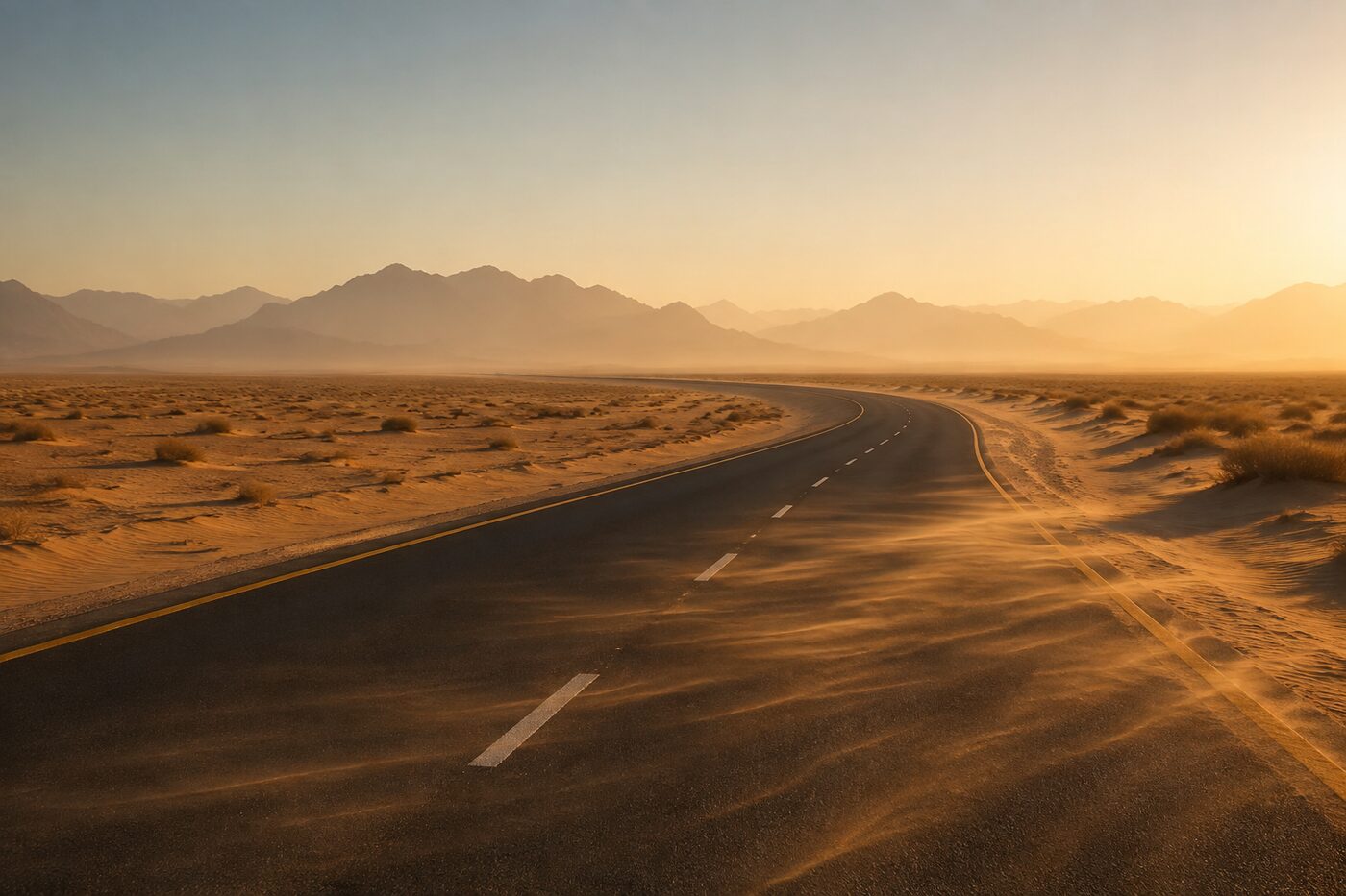 An empty desert road curving toward distant mountains at dawn