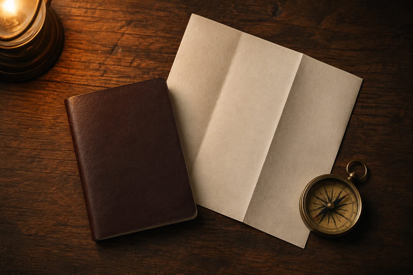 A passport, boarding pass and brass compass on a dark wood desk