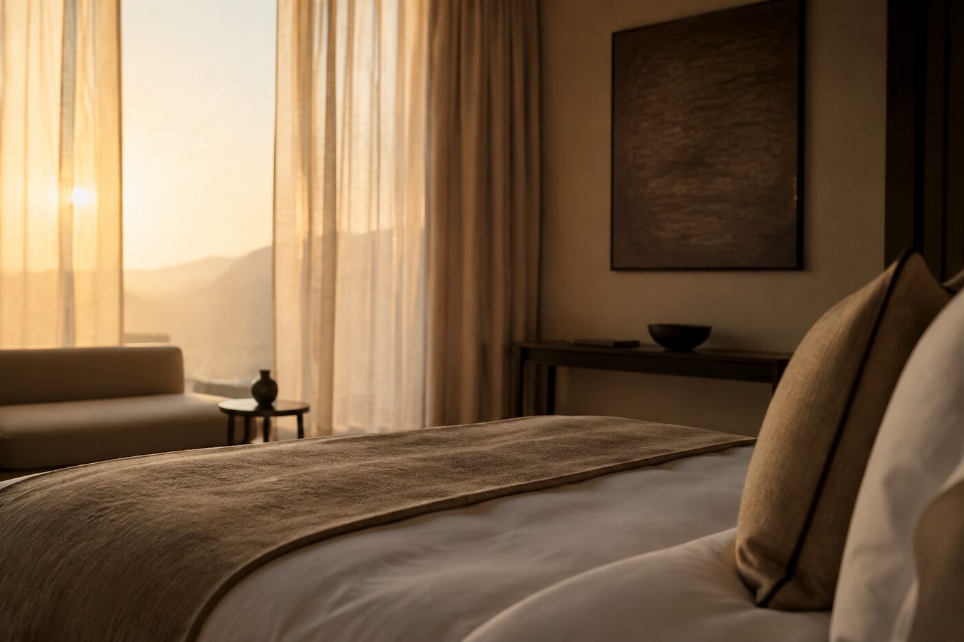 A calm hotel room at dawn with light through sheer curtains