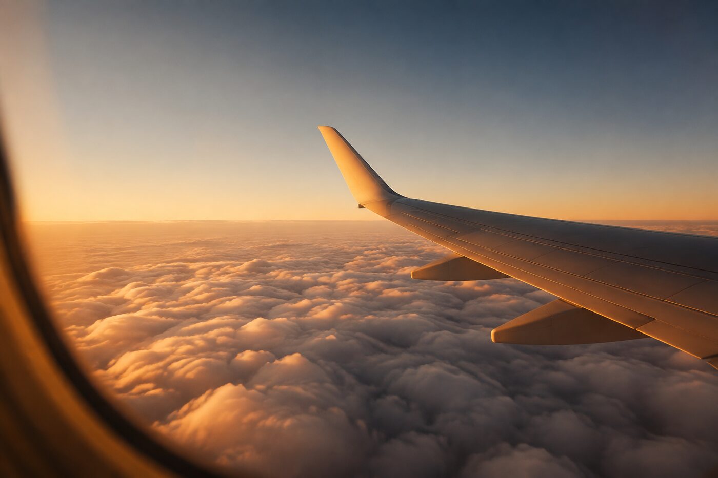 The wing of an aircraft above a sea of cloud at sunrise