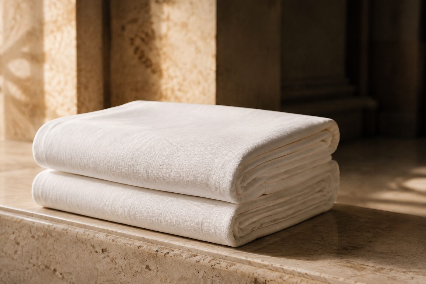 Folded white ihram cloths on a warm stone ledge