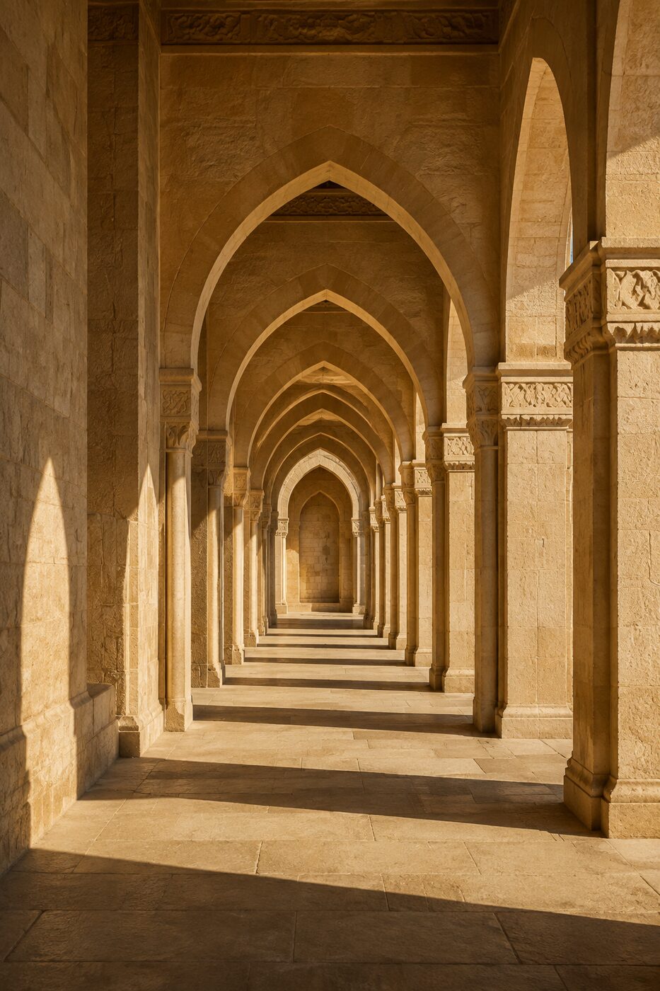 An arched sandstone colonnade in golden light